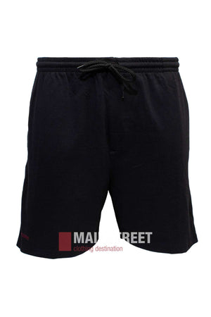 The Ruggers Jersey Knit Sweat Short is black with an elastic waistband, black drawstring, and a subtle red logo on the bottom left leg. Made from comfortable polyester/cotton fabric, these plain athletic shorts partially reveal the "MAIN STREET clothing destination" at the bottom.