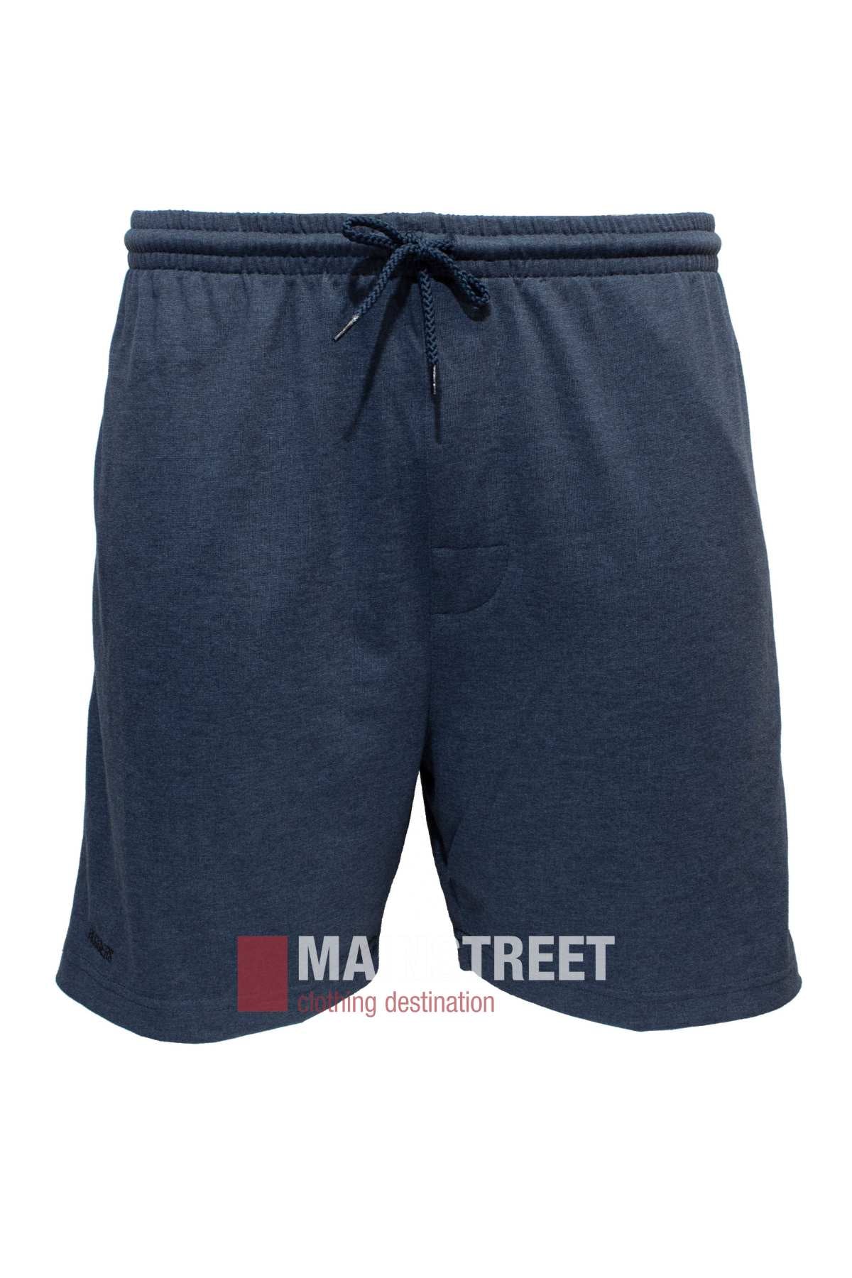The Ruggers Jersey Knit Sweat Shorts in navy blue feature an elastic waistband with a drawstring, made from comfortable knit fabric. These casual shorts include a small logo near the hem on one side.