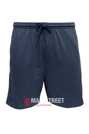 The Ruggers Jersey Knit Sweat Shorts in navy blue feature an elastic waistband with a drawstring, made from comfortable knit fabric. These casual shorts include a small logo near the hem on one side.
