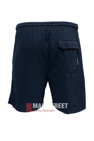 The Ruggers Jersey Knit Sweat Short for men comes in navy blue, features comfy polyester/cotton fabric, an elastic waistband, a right-side flap pocket, and a partially visible Mainstreet Clothing Destination logo at the bottom.