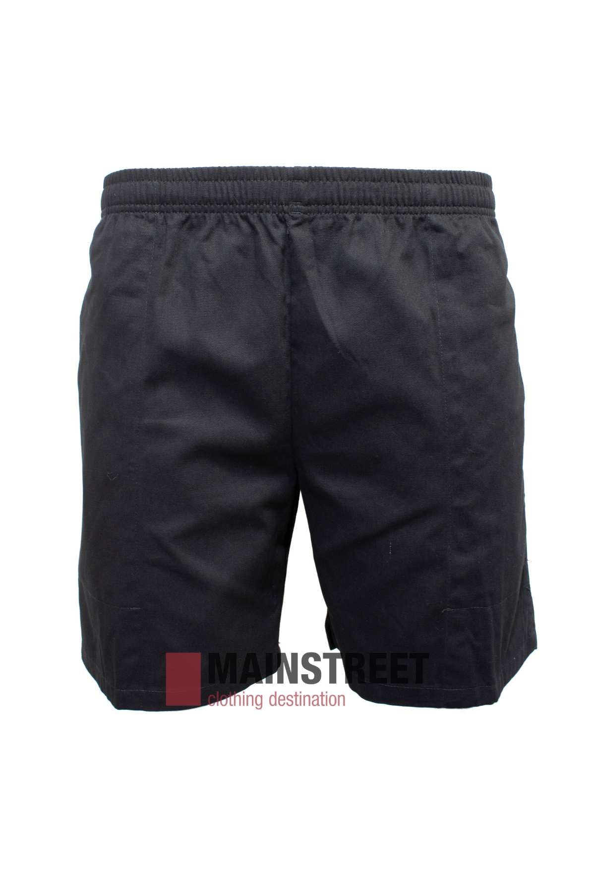 Ruggers Original Cotton Short in black, with an elastic waistband for comfort, is shown on a white backdrop. The phrase "MAINSTREET clothing destination" appears at the bottom, emphasizing these 100% cotton staples.
