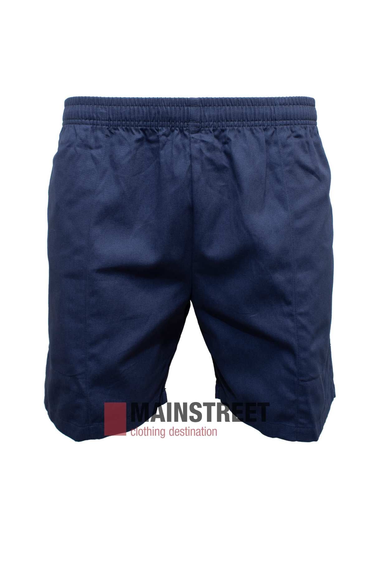 Ruggers Original Cotton Short in navy blue with an elastic waist, made from 100% cotton, shown on a plain white background. The "MAINSTREET clothing destination" logo features at the bottom of the image.