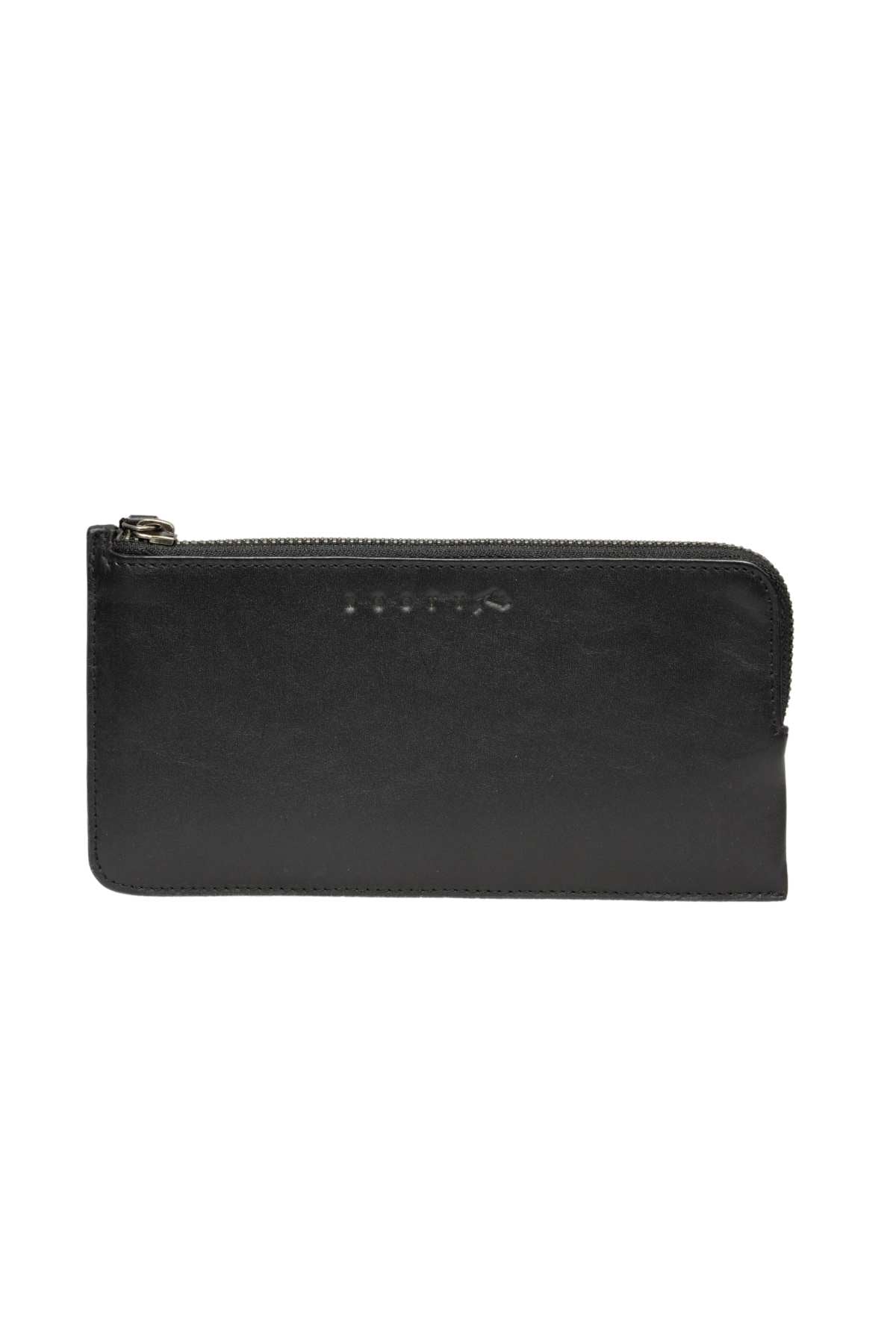 The Rusty Trafalgar Leather Wallet, featuring multifunctional card compartments and a zipper along the top edge, is closed and lying flat with embossed text visible on the front against a plain white background.