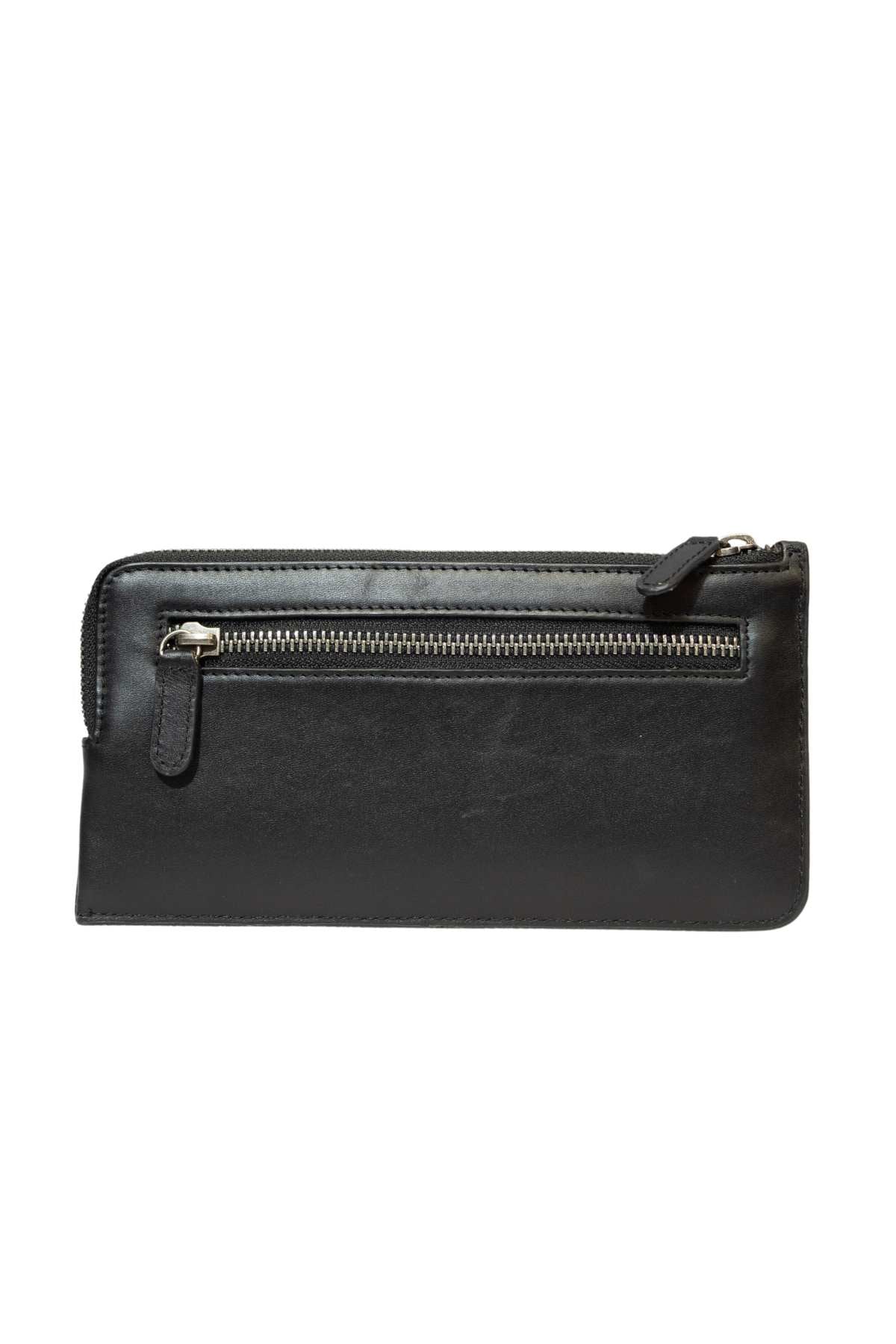 The Rusty Trafalgar Leather Wallet is a multifunctional, sleek black accessory with card compartments and a front zippered pocket, all secured by a top edge zipper. Displayed against a white background.