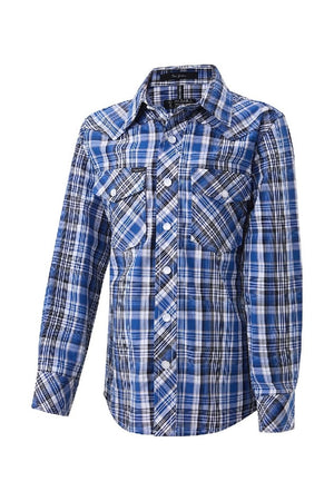 The Pilbara Western Snap Button Long Sleeve Shirt features a classic blue, black, and white plaid check design with two chest pockets with button flaps and a collar.