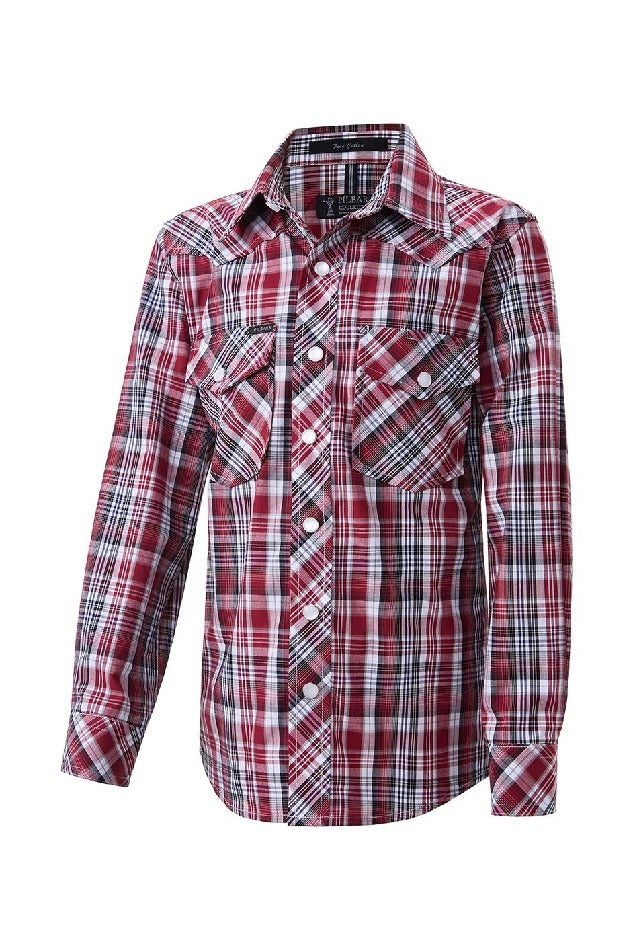 The Pilbara Western Snap Button Long Sleeve Shirt features a red and white plaid pattern with black accents, two chest pockets with button closures, and a classic check design and collar against a plain white background.