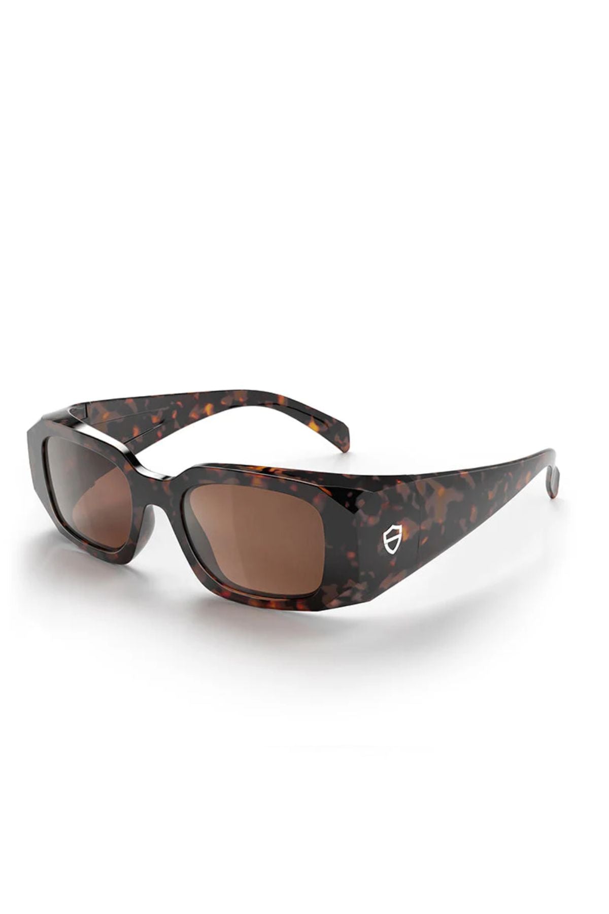 SafeStyle Auras feature a brown tort rectangular frame with marbled dark brown and amber design, brown polarised lenses, and a white shield logo on the temple. UV400 protection ensures your eyes stay safe from harmful rays.