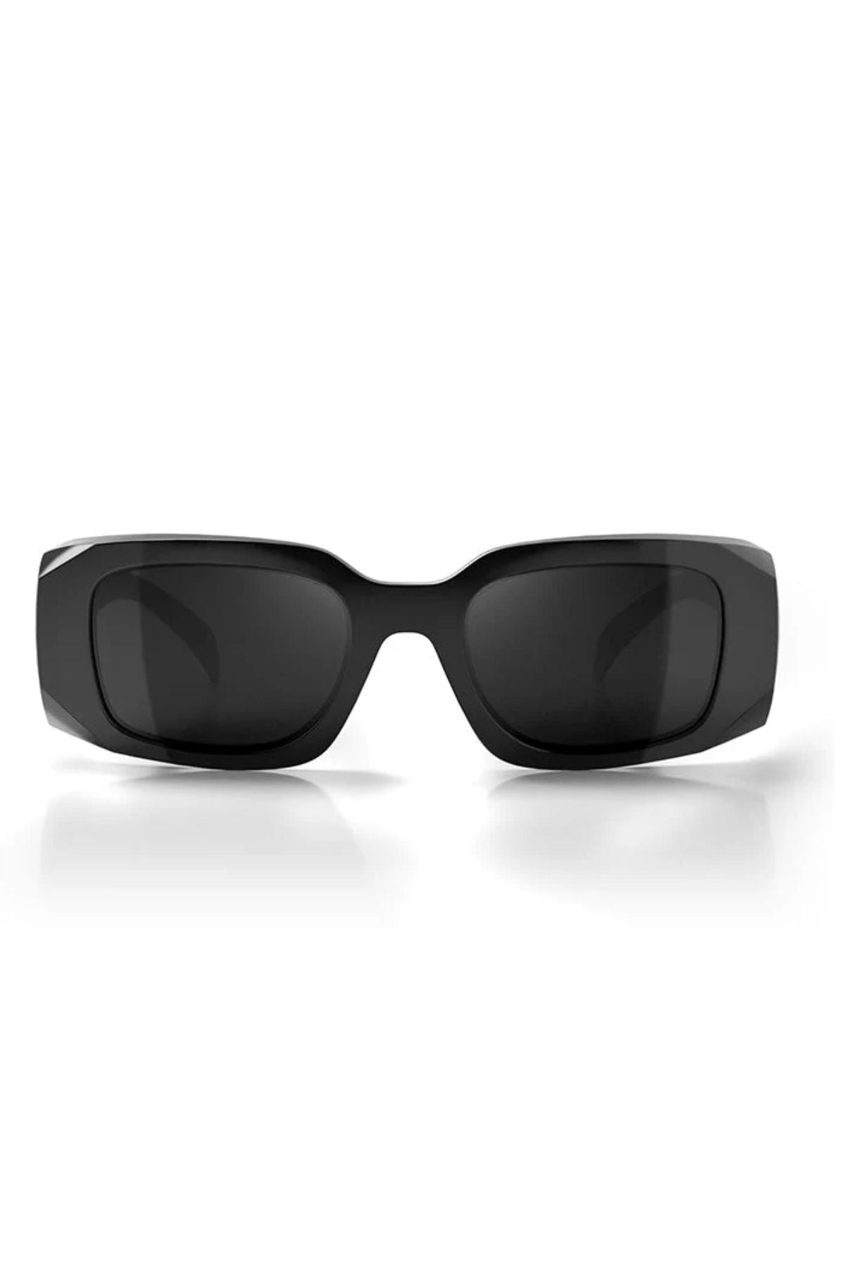 The SafeStyle Auras Black Frame Grey Polarised Lens sunglasses feature a rectangular wraparound design, offer eye protection with dark lenses, include a front display, and are AS/NZS 1337.1 compliant for enhanced safety.
