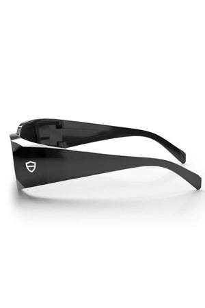 Side view of SafeStyle Auras Black Frame Grey Polarised Lens safety glasses with thick arms and a small white shield-shaped logo on the side, displayed against a plain white background.