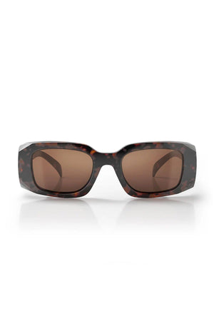 SafeStyle Auras sunglasses feature a rectangular brown tort frame and brown polarised lenses with UV400 protection, shown on a white background with a subtle reflection.