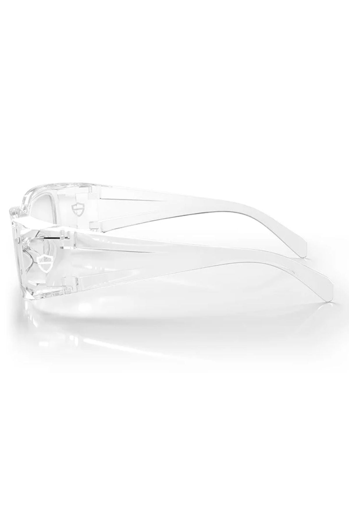 The SafeStyle Auras Clear Frame Clear Lens glasses feature shatterproof polycarbonate frames and UV400 lenses, shown in a side profile on a white background for stylish transparency and reliable eye protection.