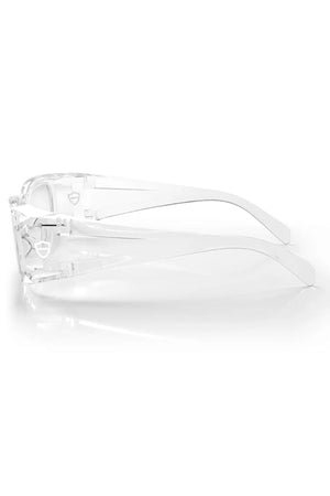 The SafeStyle Auras Clear Frame Clear Lens glasses feature shatterproof polycarbonate frames and UV400 lenses, shown in a side profile on a white background for stylish transparency and reliable eye protection.
