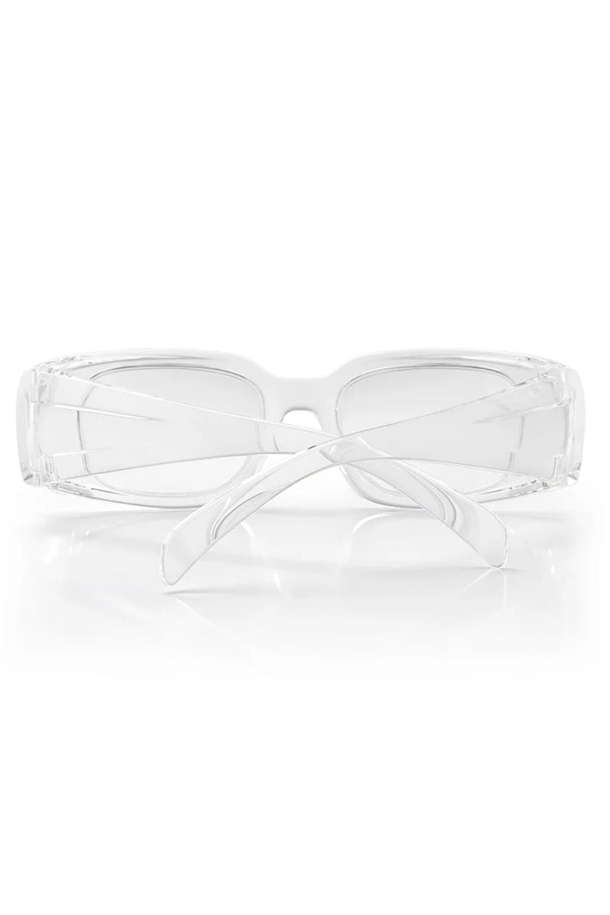 The SafeStyle Auras Clear Frame Clear Lens sunglasses feature shatterproof polycarbonate frames and provide reliable eye protection.