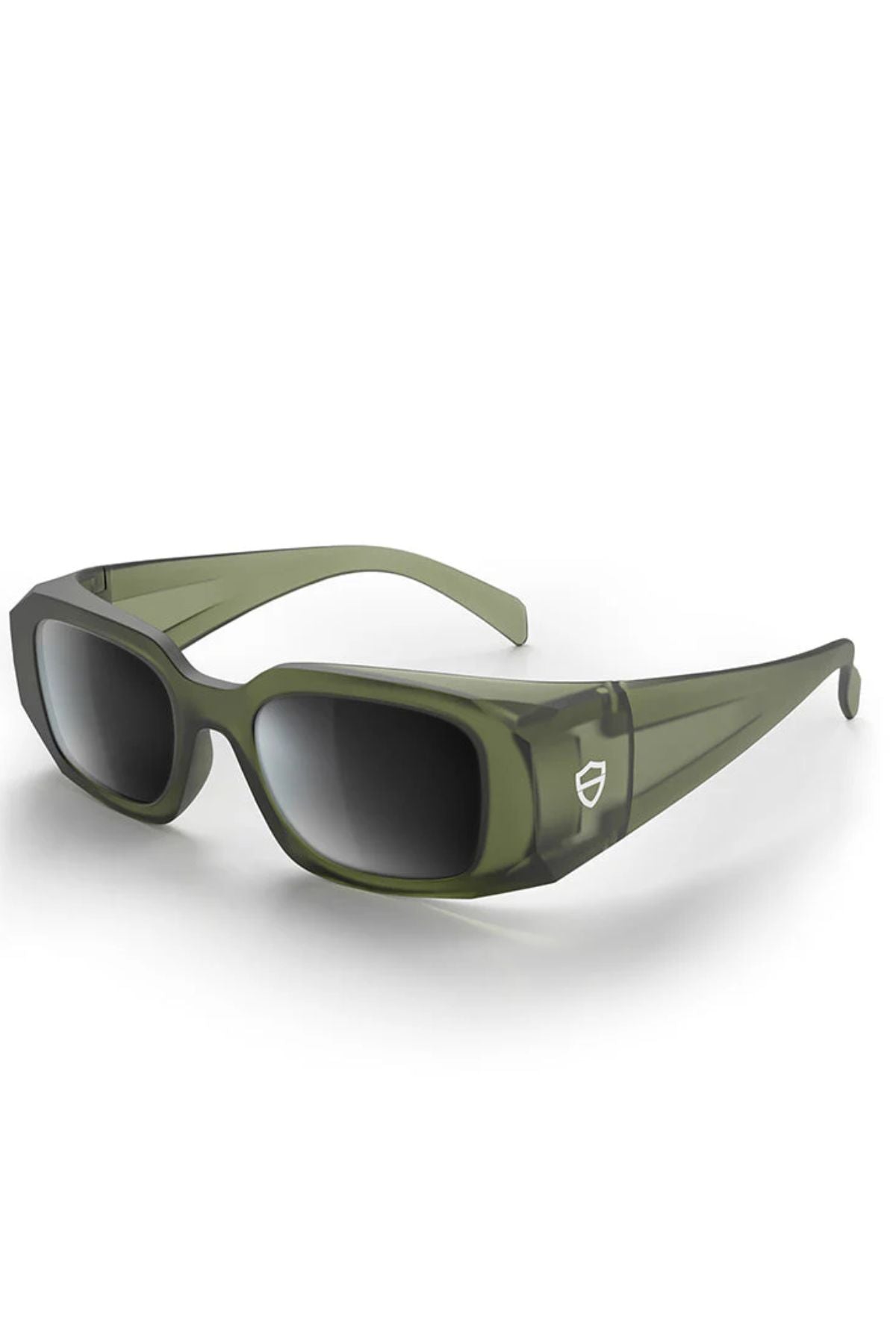 SafeStyle Auras safety glasses feature a matte moss green rectangular frame, thick arms, and grey polarised lenses. A shield-shaped logo is on the arm. AS/NZS 1337.1 compliant for eye protection; shown on a white background.