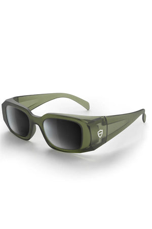 SafeStyle Auras safety glasses feature a matte moss green rectangular frame, thick arms, and grey polarised lenses. A shield-shaped logo is on the arm. AS/NZS 1337.1 compliant for eye protection; shown on a white background.