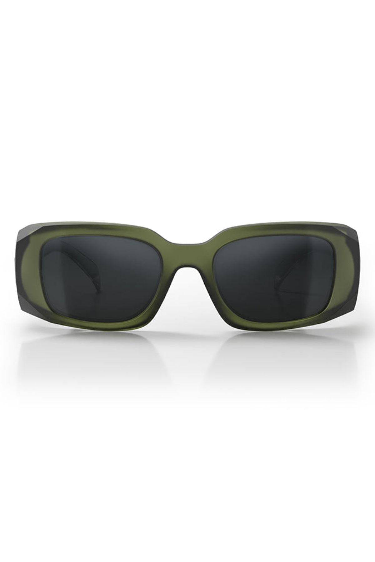 Front view of SafeStyle Auras sunglasses with a matte moss green frame and grey polarised lenses, AS/NZS 1337.1 compliant, resting on a white surface with a subtle reflection below.