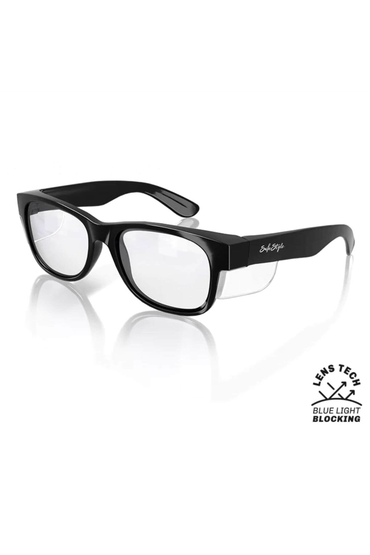SafeStyle Classics Black Frame Blue Light Lens glasses feature a black wraparound frame with clear side shields, rectangular lenses, blue light blocking lens technology, and UV400 protection. The image shows the logo and a "Lens Tech Blue Light Blocking" badge.