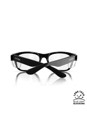 SafeStyle Classics Black Frame Blue Light Lens wraparound safety glasses with side shields, shown from the back with arms crossed. "Blue light blocking" icon and "Lens Tech" text highlight UV400 Protection for eye safety.