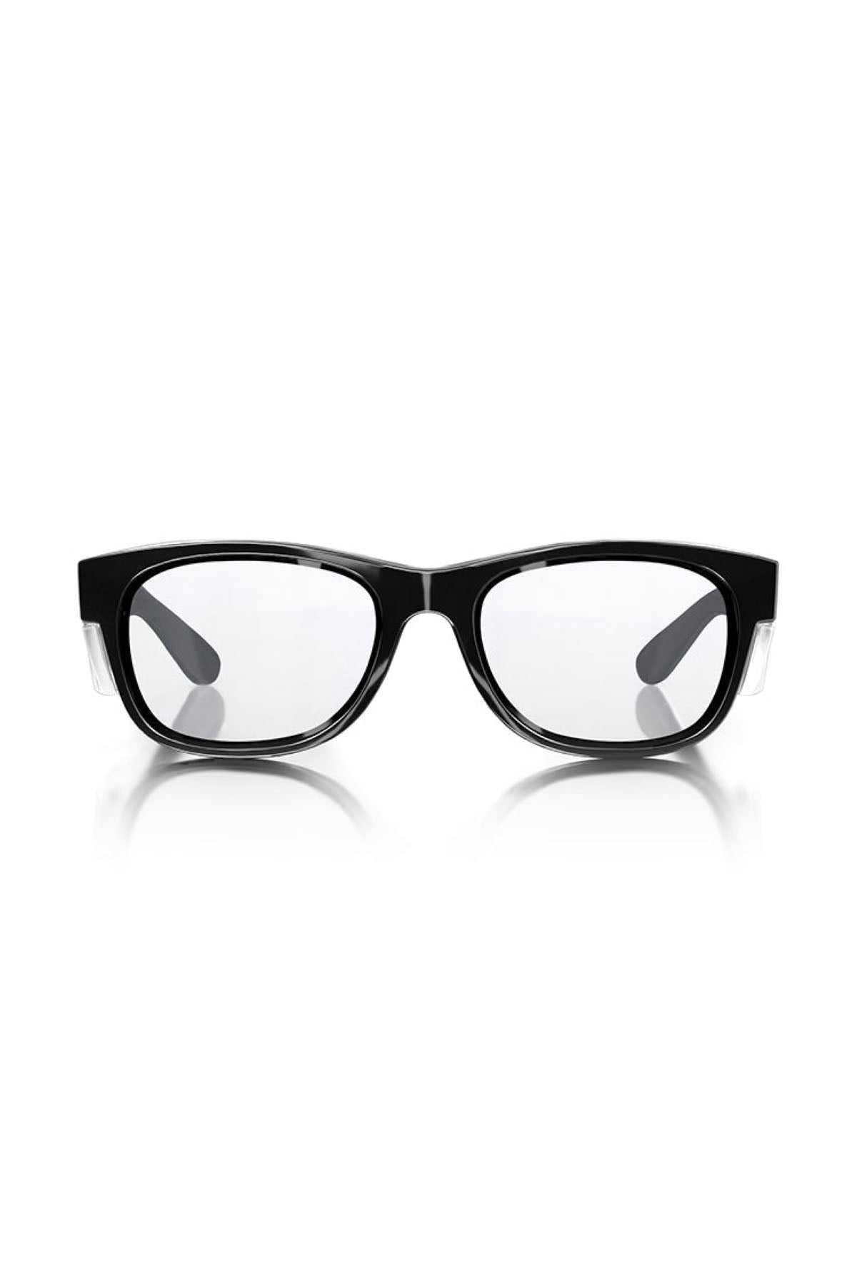 A pair of SafeStyle Classics Black Frame Clear Lens eyeglasses, viewed from the front. The frames are thick with a classic rectangular shape, and the reflection of the arms is visible on the white background. These glasses offer UV protection for added safety in bright conditions.