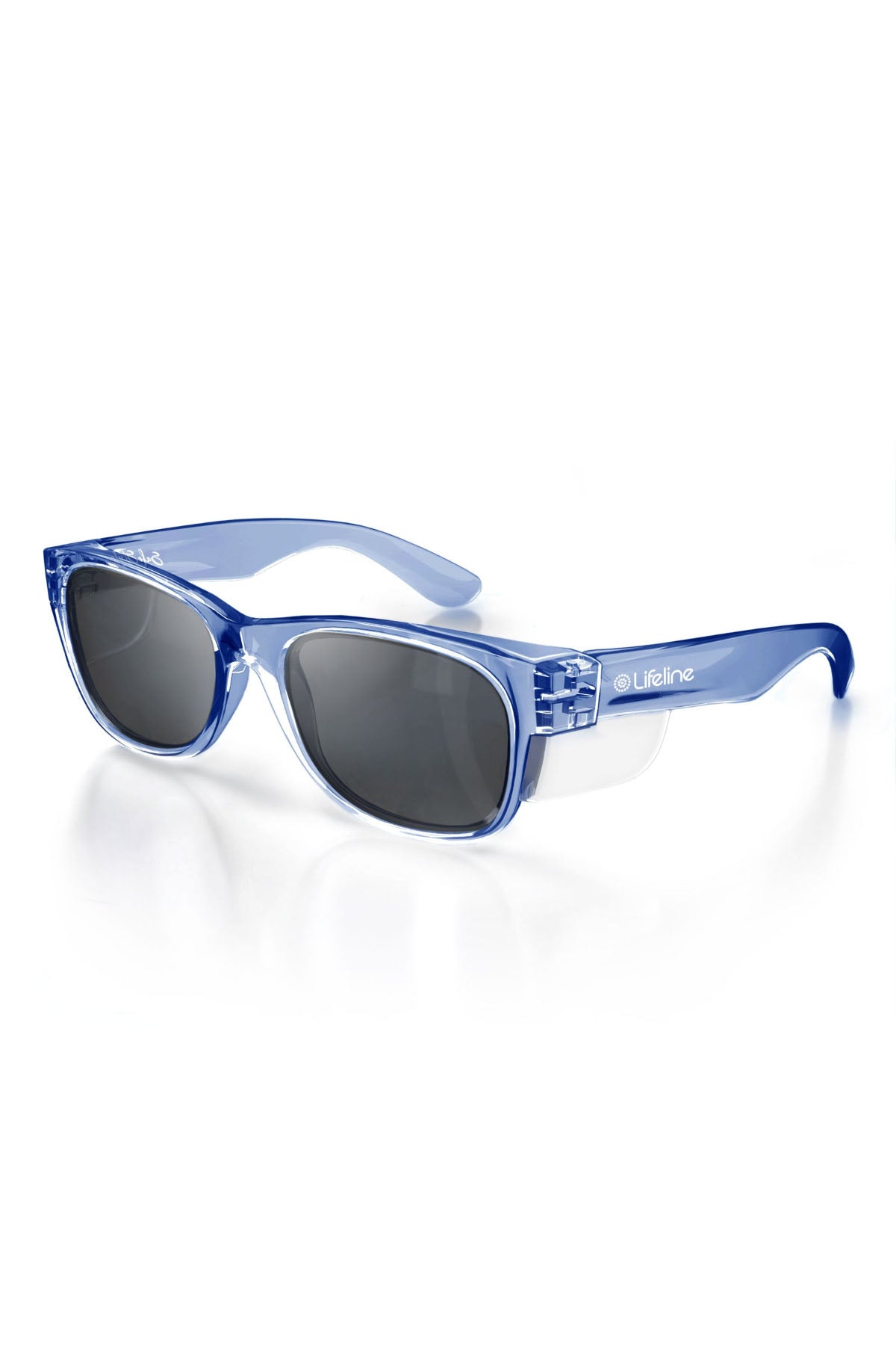The SafeStyle Classics Blue Frame Polarised Lens sunglasses feature a blue frame, polarised lenses with dark UV protection, and white arm accents. "Lifeline" is printed on the left arm. Set against a plain white background.
