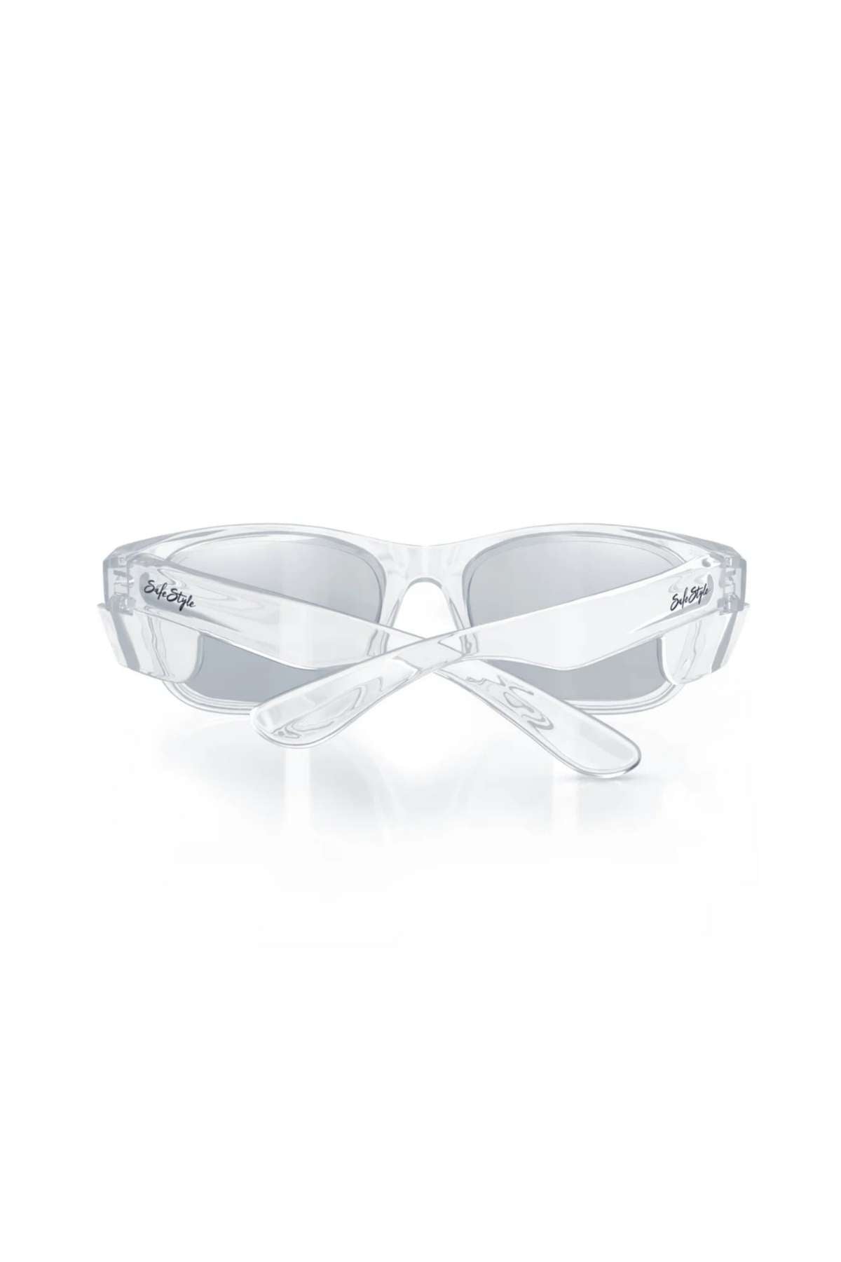 SafeStyle Classics features clear shatterproof polycarbonate sunglasses with photochromic lenses and UV protection. The "bad bunny" logo adorns the temples, and the crossed arms are displayed against a white background.