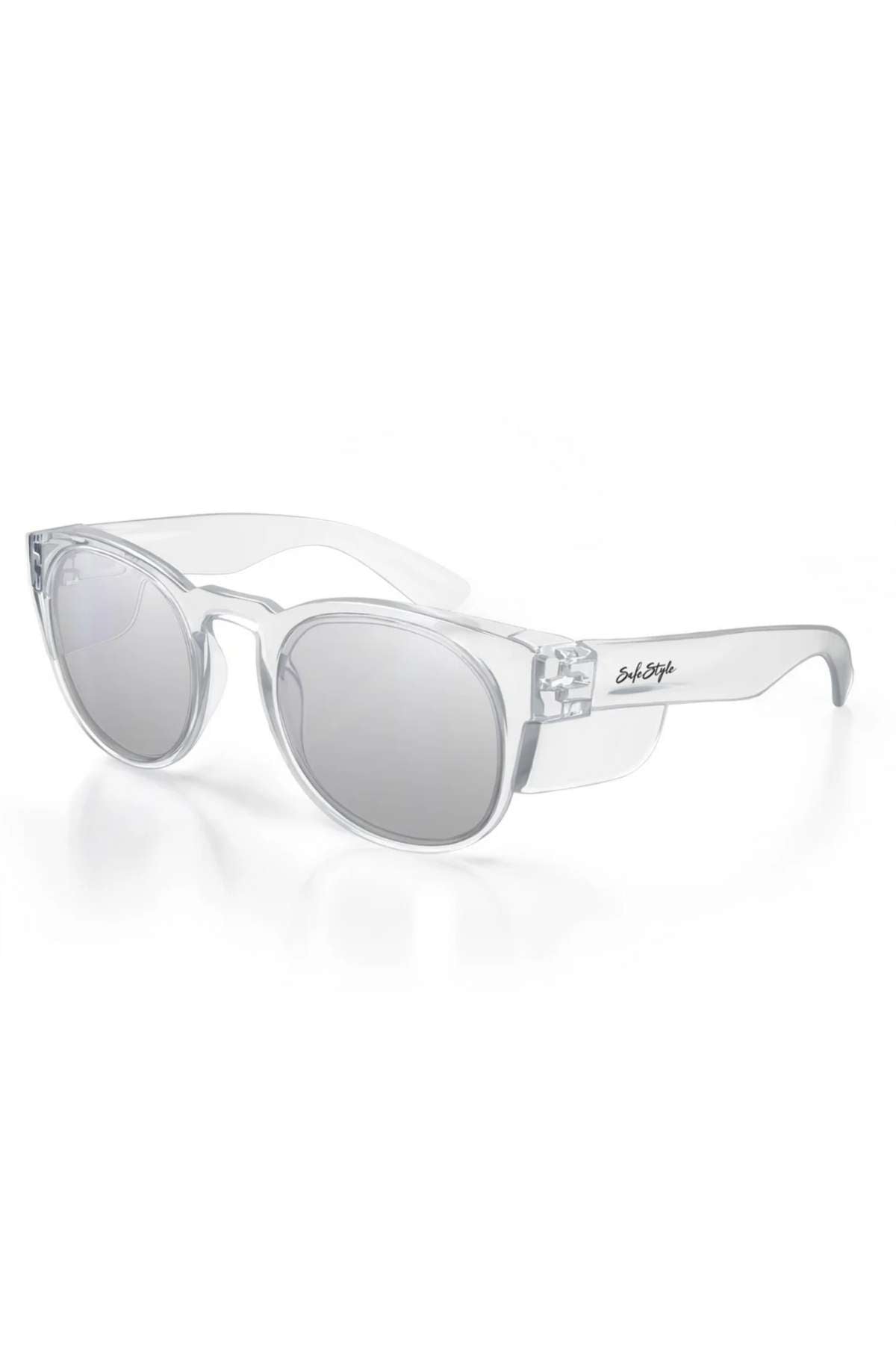 SafeStyle Cruisers Clear Frame Hybrids with photochromic, shatterproof polycarbonate lenses and "Sub Style" in black script on the left arm, featuring gray mirrored UV400 protection, shown on a white background.