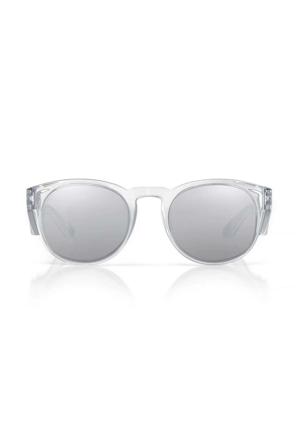 SafeStyle Cruisers Clear Frame Hybrids with photochromic, shatterproof polycarbonate lenses shown facing forward on a white background, featuring a slight reflection below.