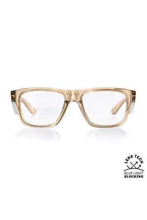 Front view of rectangular SafeStyle Fusions with champagne gold frame and clear blue light lenses designed for superior protection. The gold/white temple arms feature a "Lens Tech Blue Light Blocking" logo and offer the added benefit of UV protection.