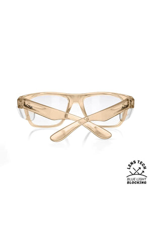 SafeStyle Fusions glasses feature a champagne frame with wrap-around design, expertly crafted for blue light blocking and UV protection. The small "Blue Light Lens Technology" logo is prominently displayed in the lower right corner.