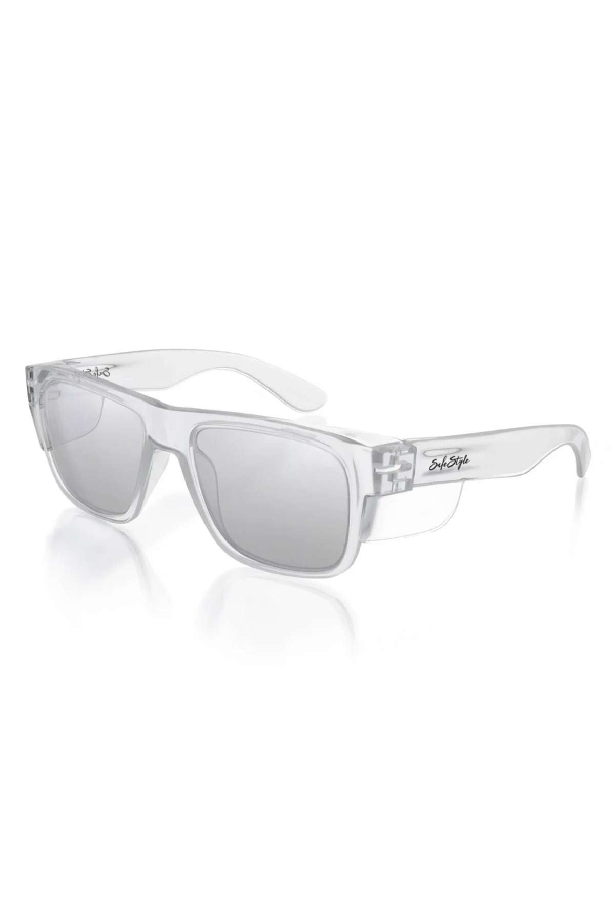 SafeStyle Fusions Clear Frame Hybrids boast photochromic lenses and a brand logo on the temples. These sunglasses offer UV protection with a glossy finish, featuring modern, sleek angular lines.