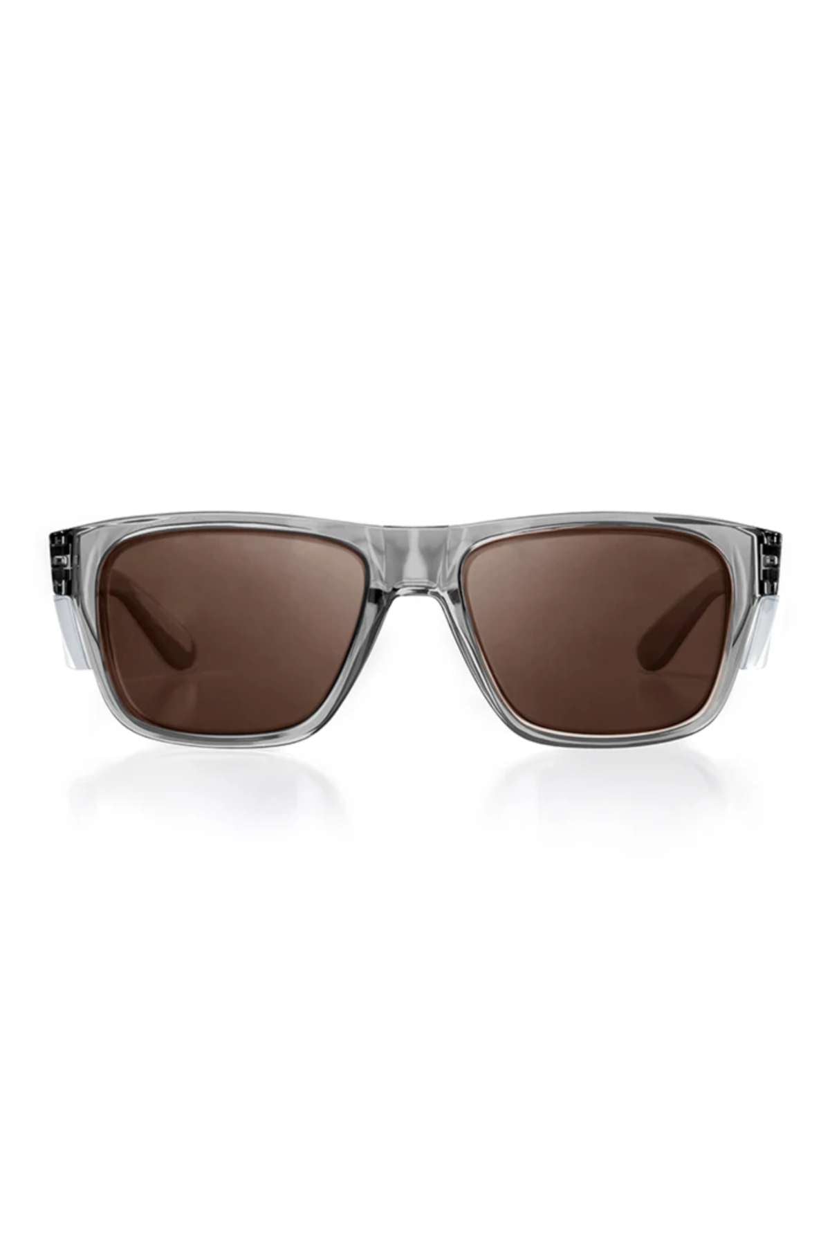 SafeStyle Fusions sunglasses with a graphite frame and brown polarized lenses offering UV protection, shown against a white background.