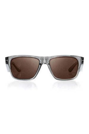 SafeStyle Fusions sunglasses with a graphite frame and brown polarized lenses offering UV protection, shown against a white background.