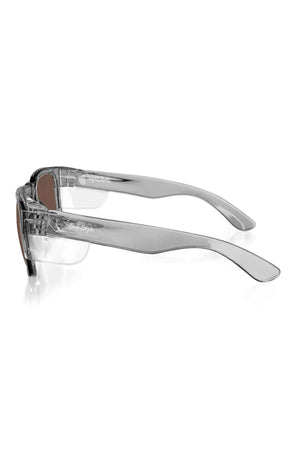 Side view of SafeStyle Fusions sunglasses with graphite frames and brown polarized lenses offering UV protection, set against a plain white background.
