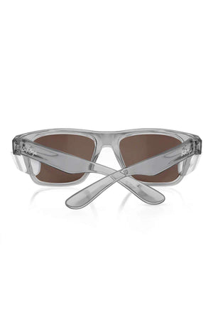 The SafeStyle Fusions sunglasses with a graphite frame and brown polarised lenses are shown from the back. The crossed legs of these stylish sunglasses offer UV protection.