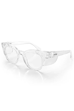 The SafeStyle Harps Clear Frame Clear Lens features thick, rectangular shatterproof frames with slightly rounded edges and a transparent finish. The brand name appears subtly on one temple, displayed against a white background.