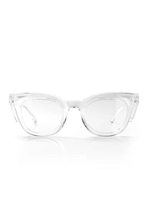 The SafeStyle Harps Clear Frame Clear Lens eyeglasses feature stylish cat-eye design, thick shatterproof frames, and slightly rounded lenses for safety and flair, shown on a white background.