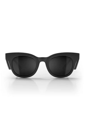 The SafeStyle Harps sunglasses have a matte black frame and polarised lenses with UV protection, shown facing forward on a white background with a faint reflection below.
