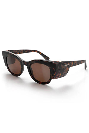 SafeStyle Harps sunglasses in a matte tort frame with brown polarised lenses, thick shatterproof design, and a small silver logo on the arms. Shown on a white background.