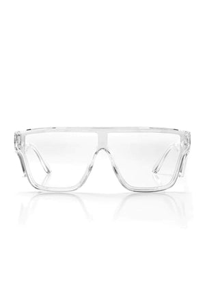 The SafeStyle Primes Clear Frame Clear Lens glasses feature oversized rectangular shatterproof frames, wide temples, UV400 protection, and a modern minimalist design, displayed against a plain white background.