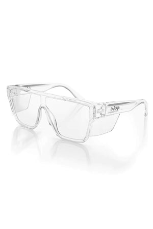 SafeStyle Primes Clear Frame Clear Lens: Oversized rectangular eyeglasses with transparent, shatterproof frames and wide arms, displayed at an angle on a white background. A small logo appears on the left arm.
