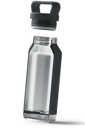 The Safestyle Big Juicy 1L Water Bottle features a black, detachable handle cap displayed above its sleek, modern design. It offers double-wall vacuum insulation with a transparent section at the bottom to reveal an inner compartment while remaining leak-proof.