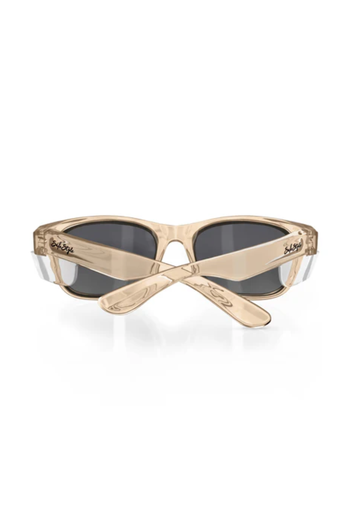 The SafeStyle Classics Champagne Frame Polarised Lens sunglasses are shown from the back with crossed arms, featuring dark UV400 polarised lenses and "bella" inscribed on the upper left side of the frame.