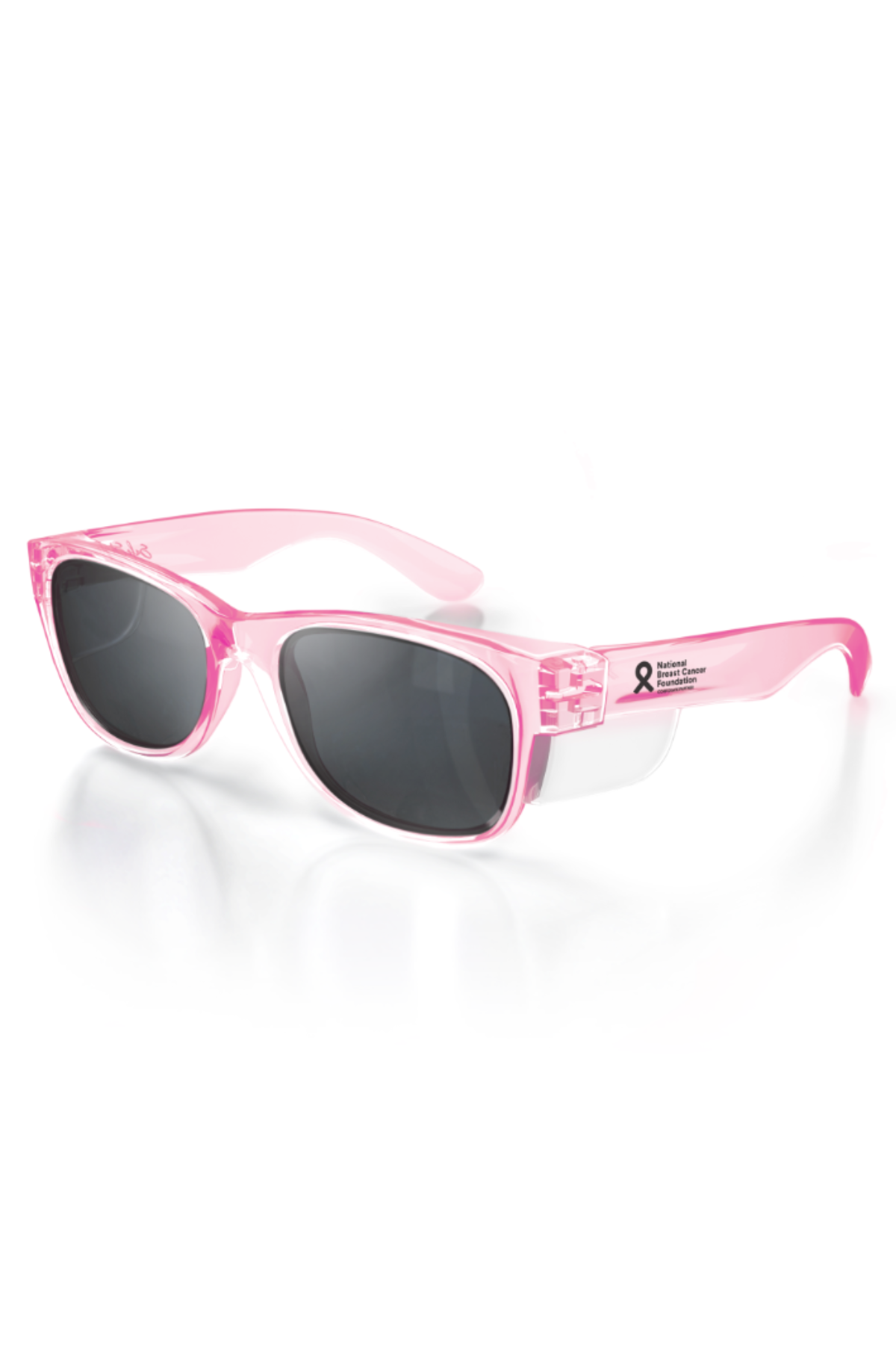 SafeStyle Classics Pink Frame Polarised Lens sunglasses with UV400 protection and a small breast cancer awareness ribbon plus text on the left arm, shown on a white background.