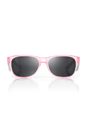 The SafeStyle Classics Pink Frame Polarised Lens sunglasses, shown facing forward on a white background, feature pink frames with dark rectangular UV400-protected lenses.