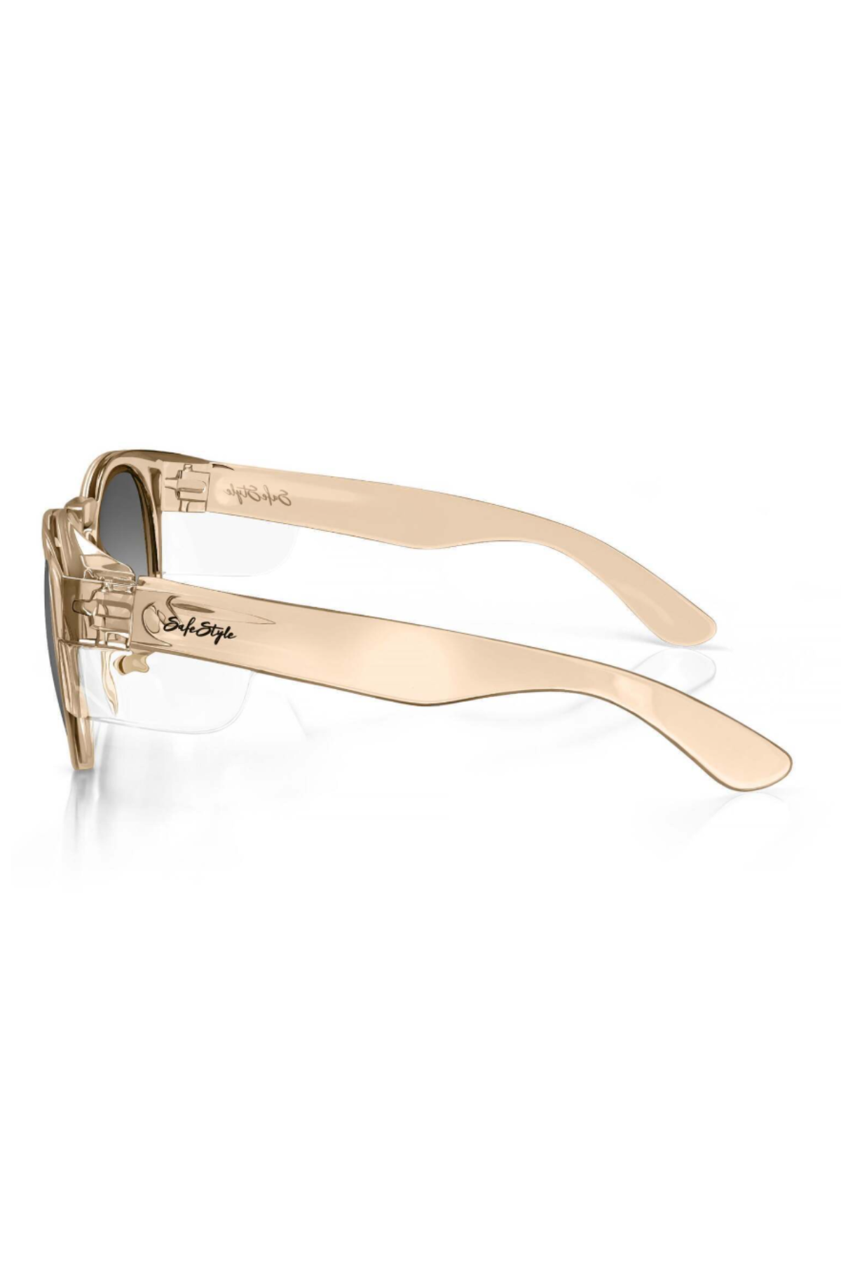 Side view of SafeStyle Cruisers sunglasses in a champagne translucent frame with wide arms and the signature logo on the left arm. Polarised, UV400-protected lenses offer subtle tinting. Displayed against a white background.