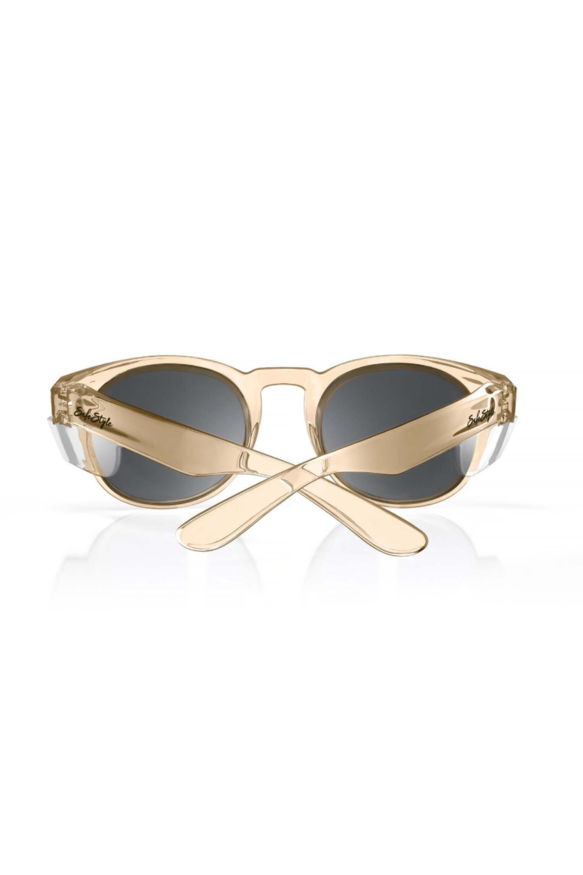 SafeStyle Cruisers sunglasses feature a champagne translucent frame with dark polarised lenses, signature detailing near the hinges, and UV400 protection for superior eye safety. Shown from the back with crossed arms.
