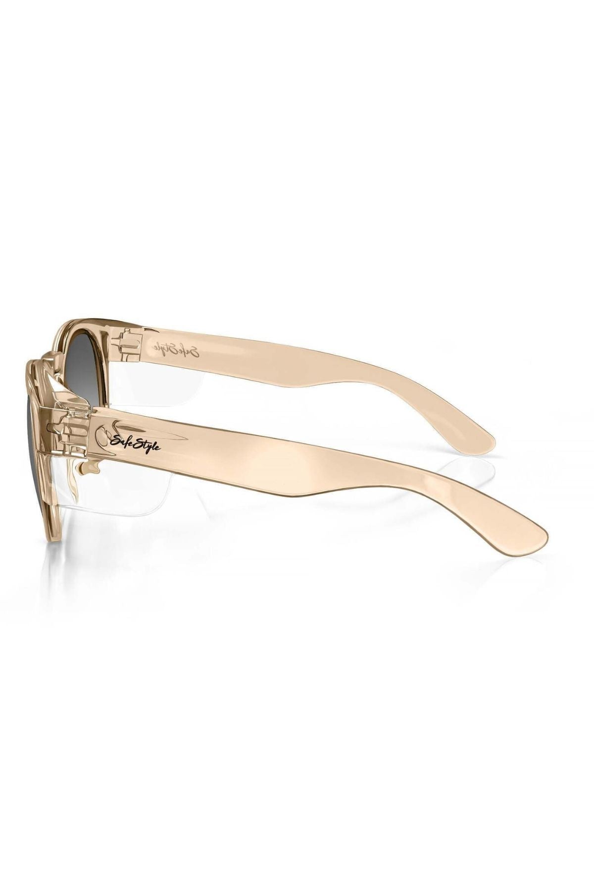 Side view of SafeStyle Cruisers Champagne Frame Tinted Lens sunglasses featuring thick, glossy arms with a signature logo by the hinge and slightly tinted UV400 polycarbonate lenses for protection.