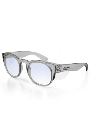 The SafeStyle Cruisers Graphite Frame Blue Light Lens glasses have clear round lenses, thick polycarbonate frames with a small “SafeStyle” logo on the left arm, UV400 protection, and are shown on a white background.
