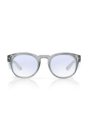 The SafeStyle Cruisers Graphite Frame Blue Light Lens glasses feature round, blue light-filtering lenses and durable polycarbonate frames, displayed front-facing on a white background with a subtle reflection.