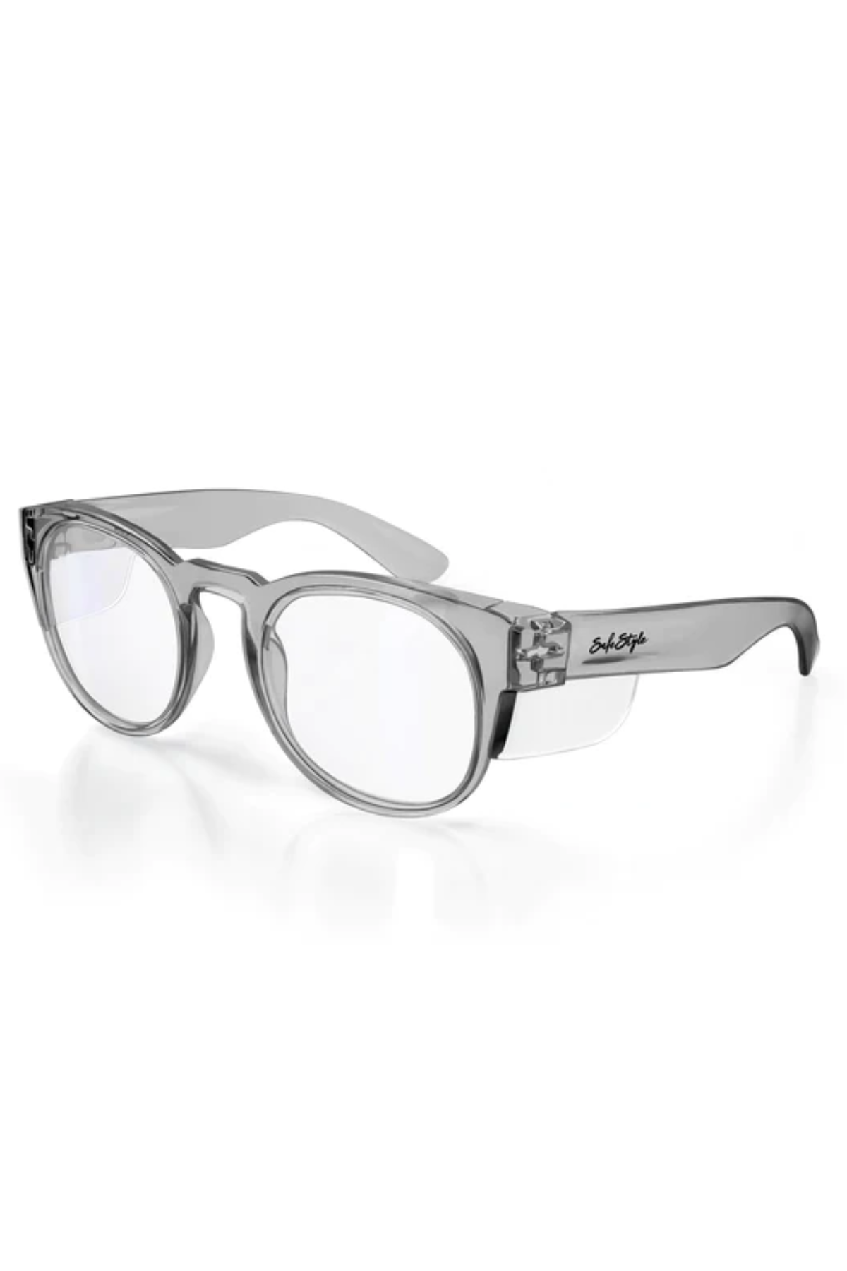 SafeStyle Cruisers Graphite Frame Clear Lens eyeglasses with transparent lenses, graphite frames, UV400 protection, and a black "Shady Rays" logo on the temple, displayed on a white background.